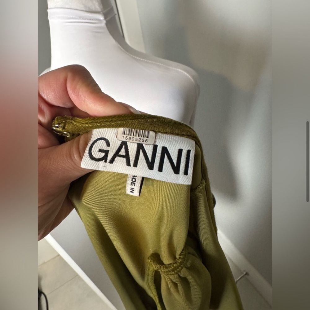 Ganni Velvet Gathered Long Sleeve Jersey Dress in Avocado - Picture 8 of 12